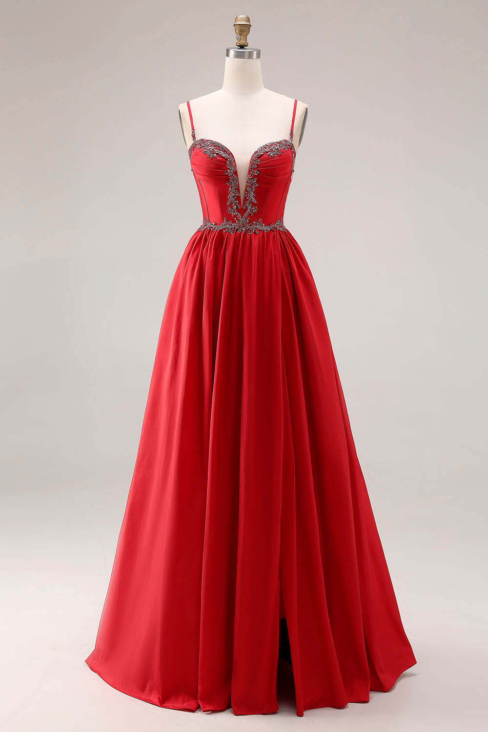 Sparkly Red Beaded A Line Corset Maxi Prom Dress with Slit