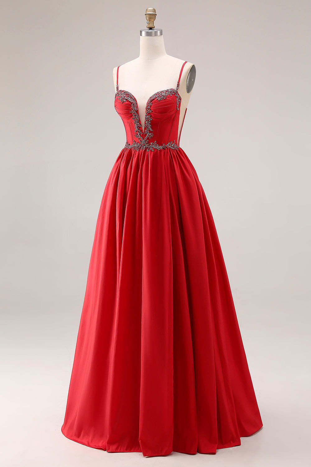 Sparkly Red Beaded A Line Corset Maxi Prom Dress with Slit
