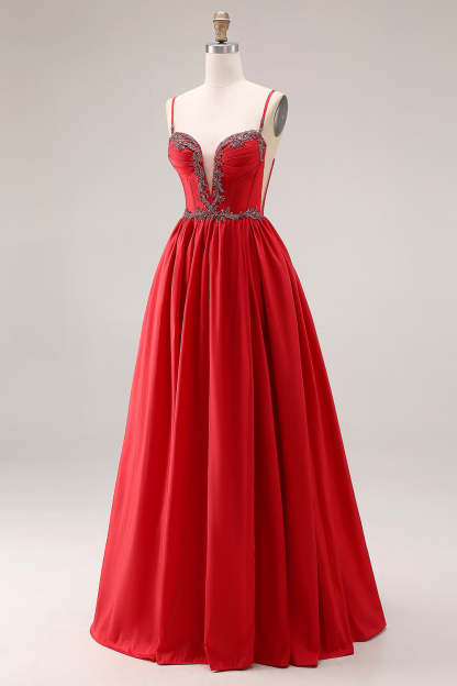 Sparkly Red Beaded A Line Corset Maxi Prom Dress with Slit
