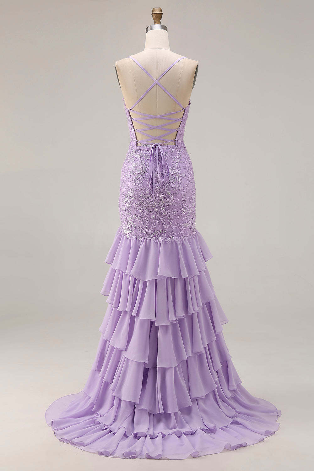 Floral Purple Mermaid Spaghetti Straps Long Prom Dress with Ruffles