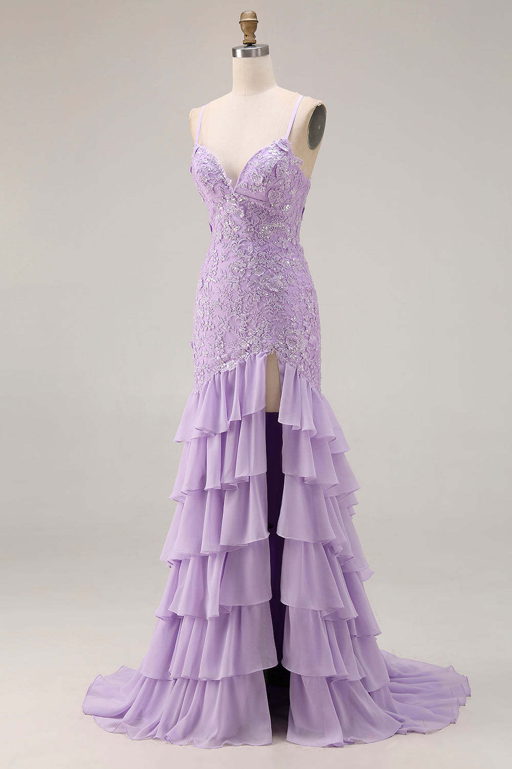 Floral Purple Mermaid Spaghetti Straps Long Prom Dress with Ruffles