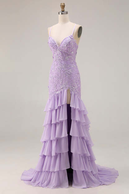 Floral Purple Mermaid Spaghetti Straps Long Prom Dress with Ruffles