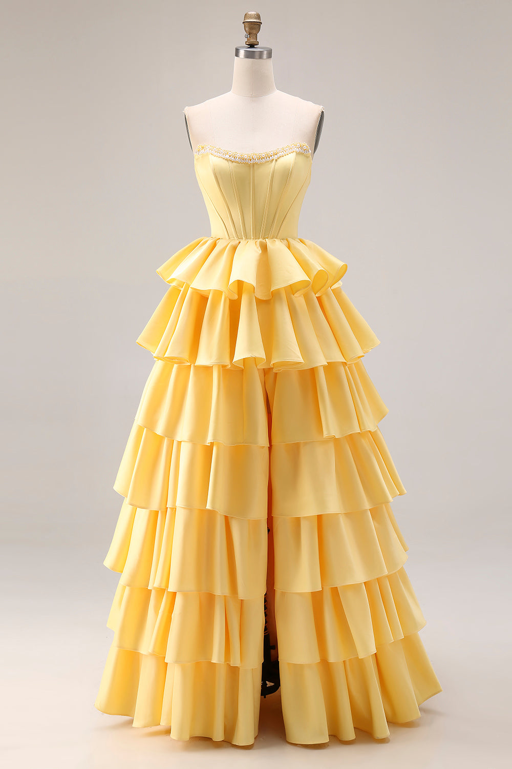 Yellow Strapless Ruffled Long Corset A-Line Prom Dress with Pearls