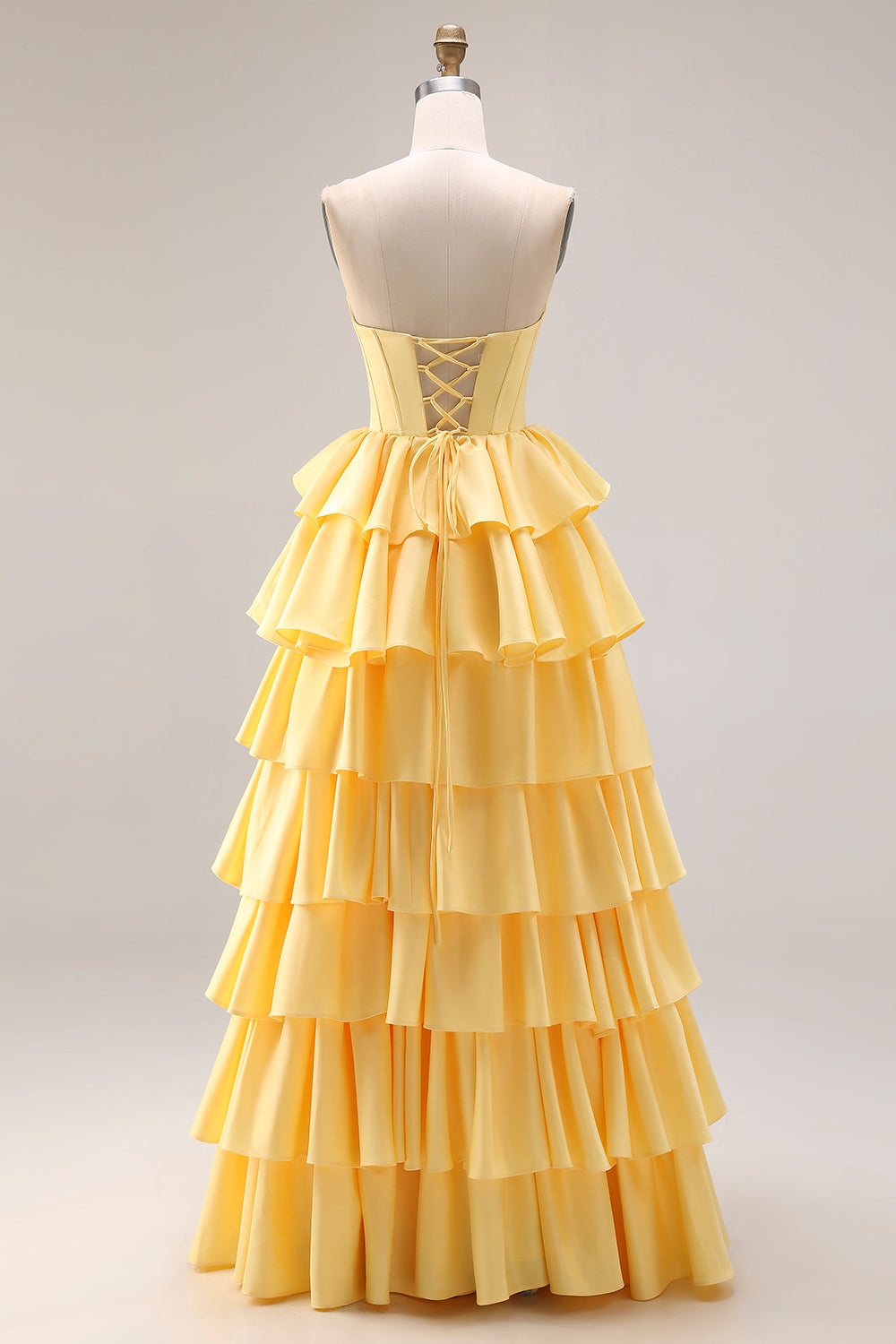 Yellow Strapless Ruffled Long Corset A-Line Prom Dress with Pearls