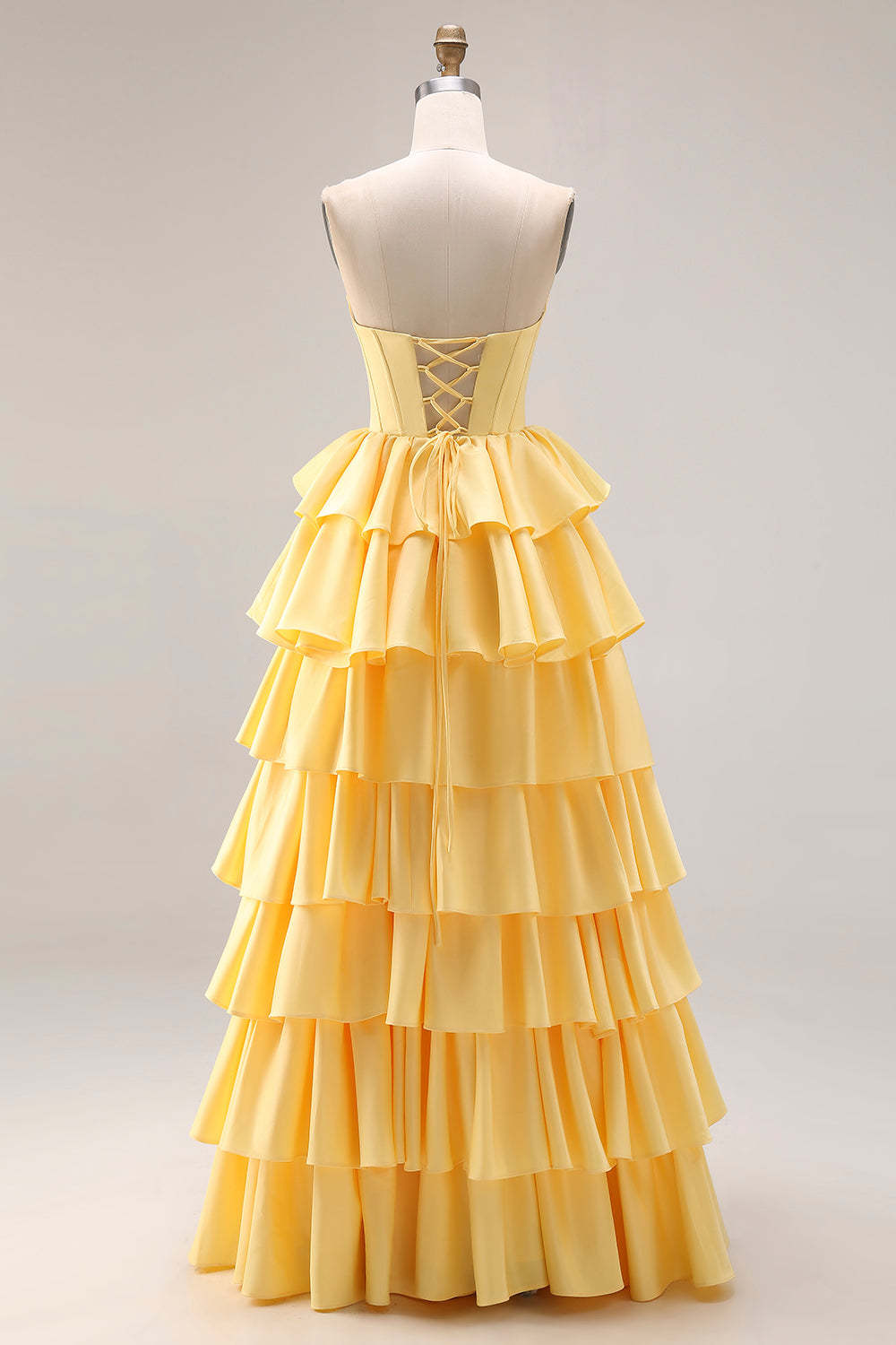 Yellow Strapless Ruffled Long Corset A-Line Prom Dress with Pearls