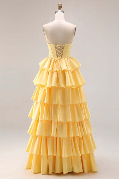 Yellow Strapless Ruffled Long Corset A-Line Prom Dress with Pearls