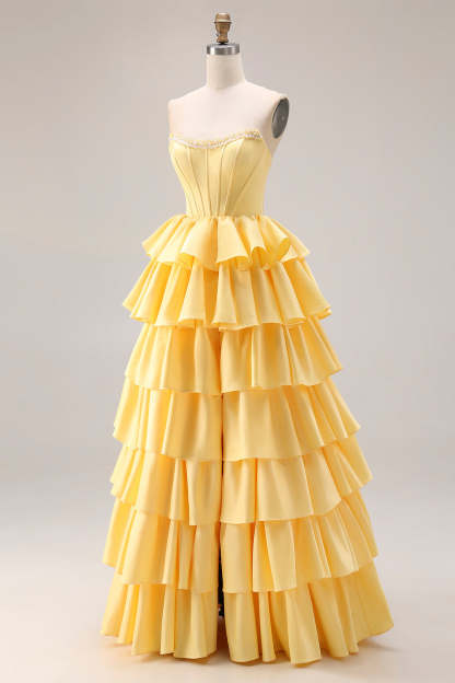 Yellow Strapless Ruffled Long Corset A-Line Prom Dress with Pearls