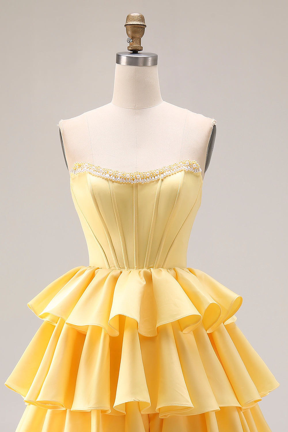 Yellow Strapless Ruffled Long Corset A-Line Prom Dress with Pearls
