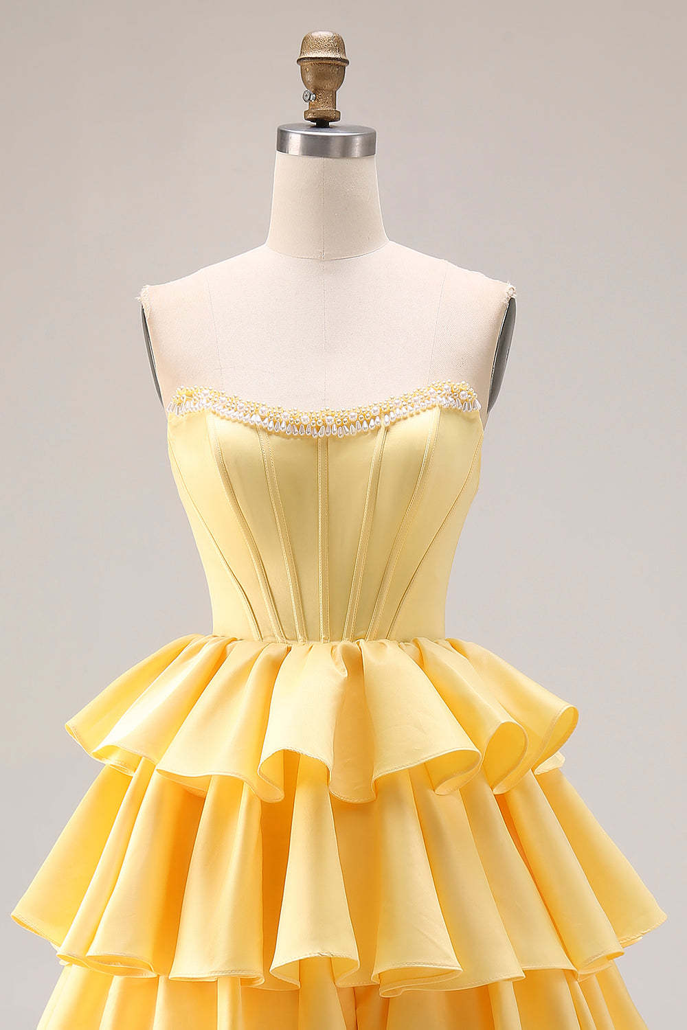 Yellow Strapless Ruffled Long Corset A-Line Prom Dress with Pearls
