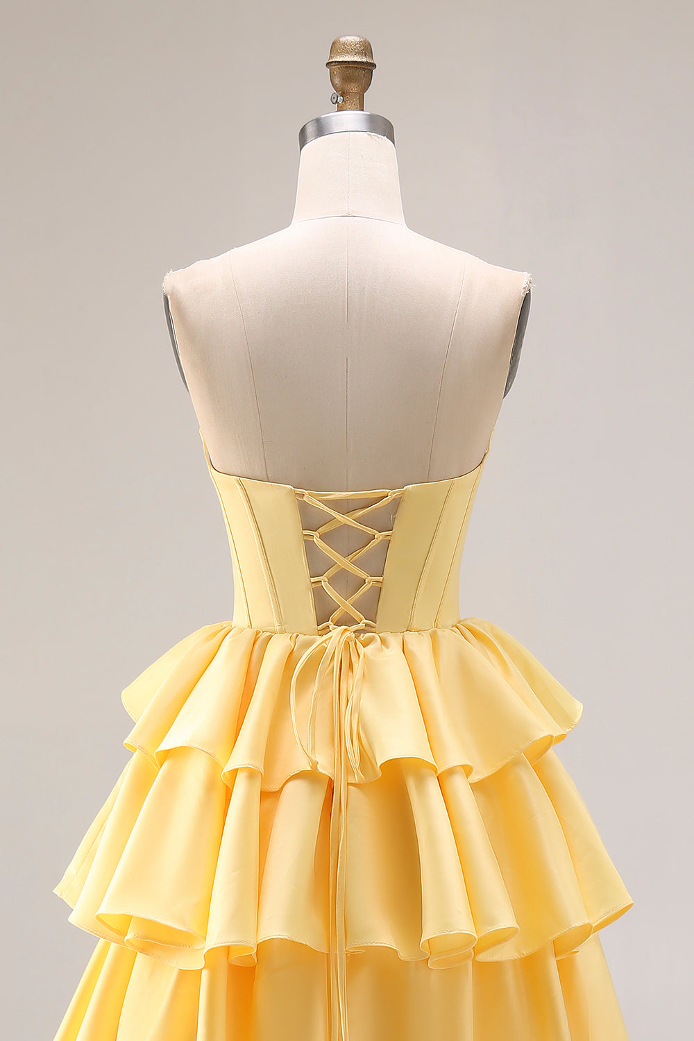 Yellow Strapless Ruffled Long Corset A-Line Prom Dress with Pearls