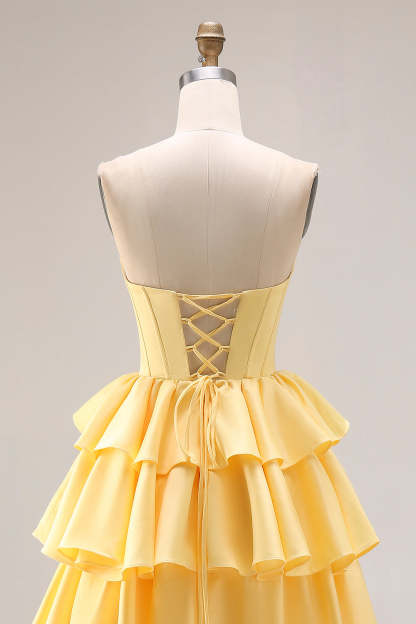 Yellow Strapless Ruffled Long Corset A-Line Prom Dress with Pearls