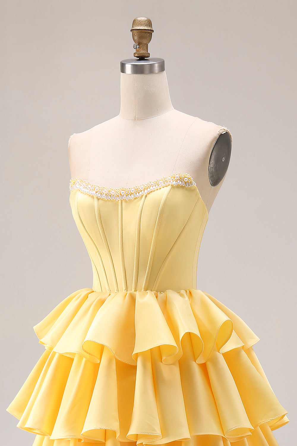 Yellow Strapless Ruffled Long Corset A-Line Prom Dress with Pearls