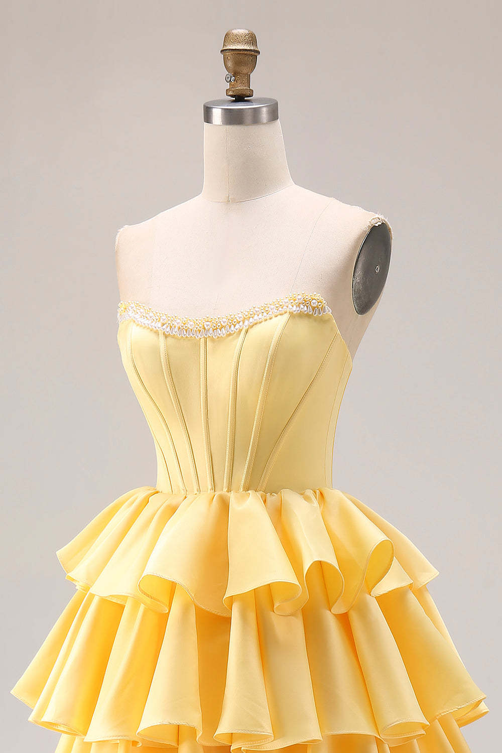 Yellow Strapless Ruffled Long Corset A-Line Prom Dress with Pearls