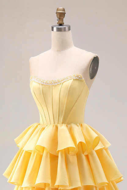 Yellow Strapless Ruffled Long Corset A-Line Prom Dress with Pearls