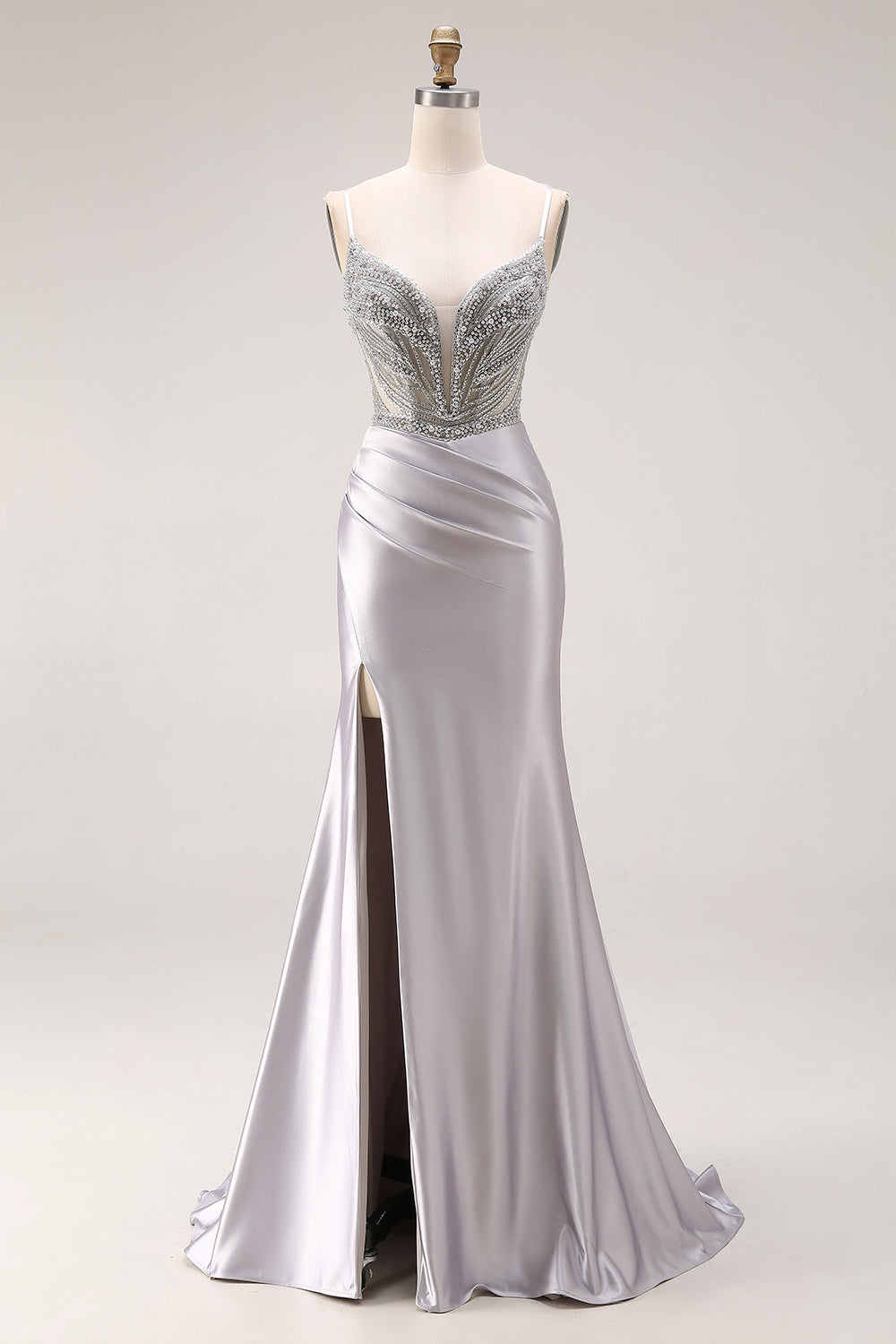 Sparkly Light Grey Beaded Spaghetti Straps Mermaid Long Prom Dress with Slit