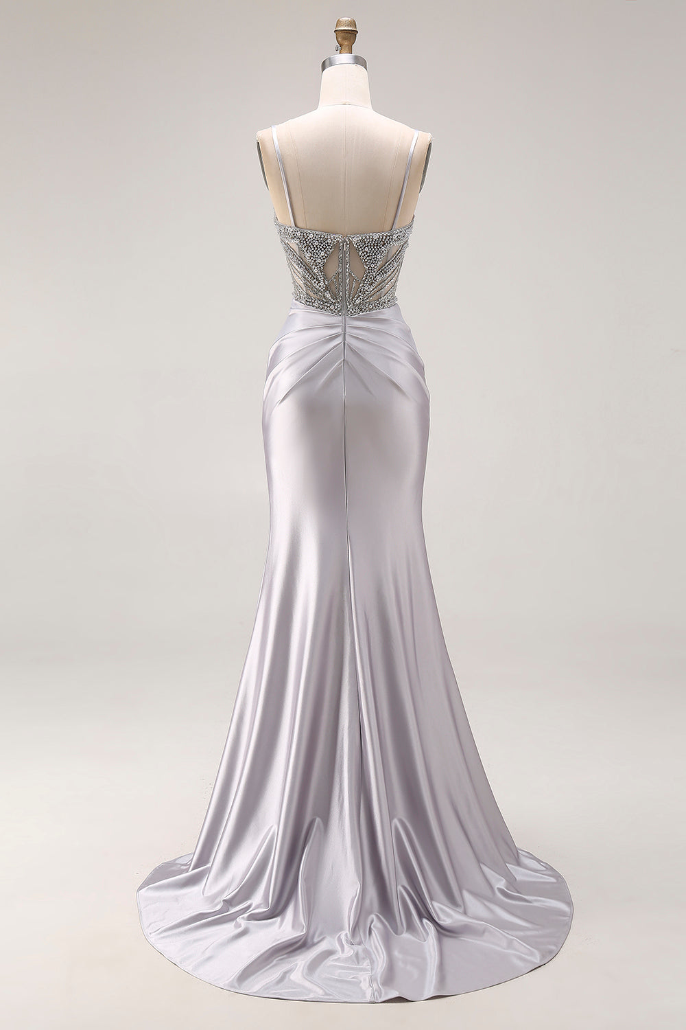 Sparkly Light Grey Beaded Spaghetti Straps Mermaid Long Prom Dress with Slit