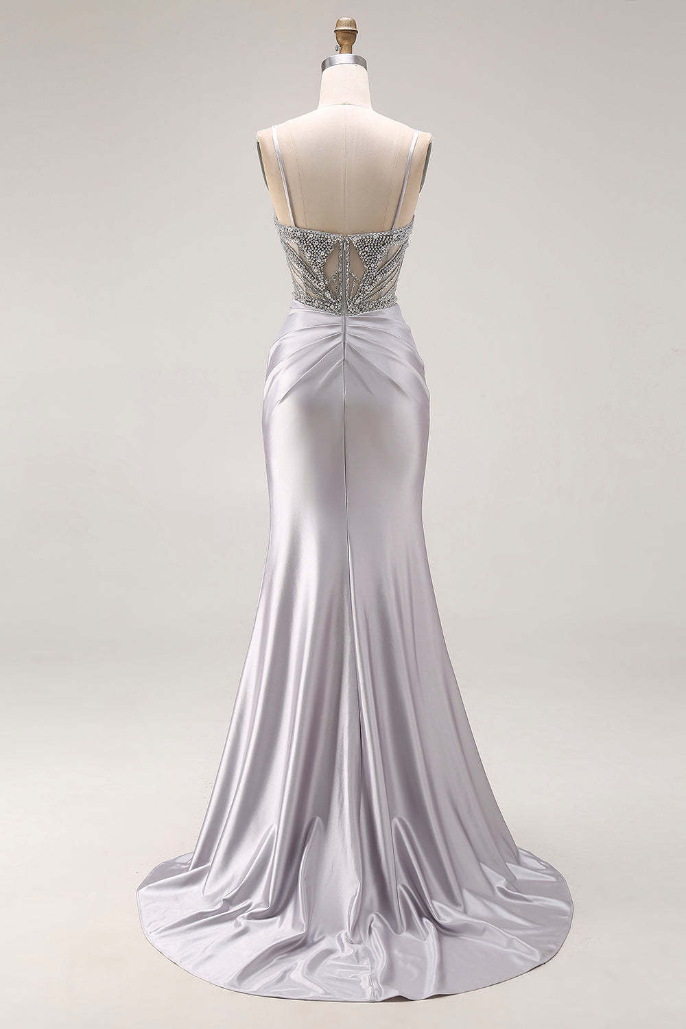 Sparkly Light Grey Beaded Spaghetti Straps Mermaid Long Prom Dress with Slit
