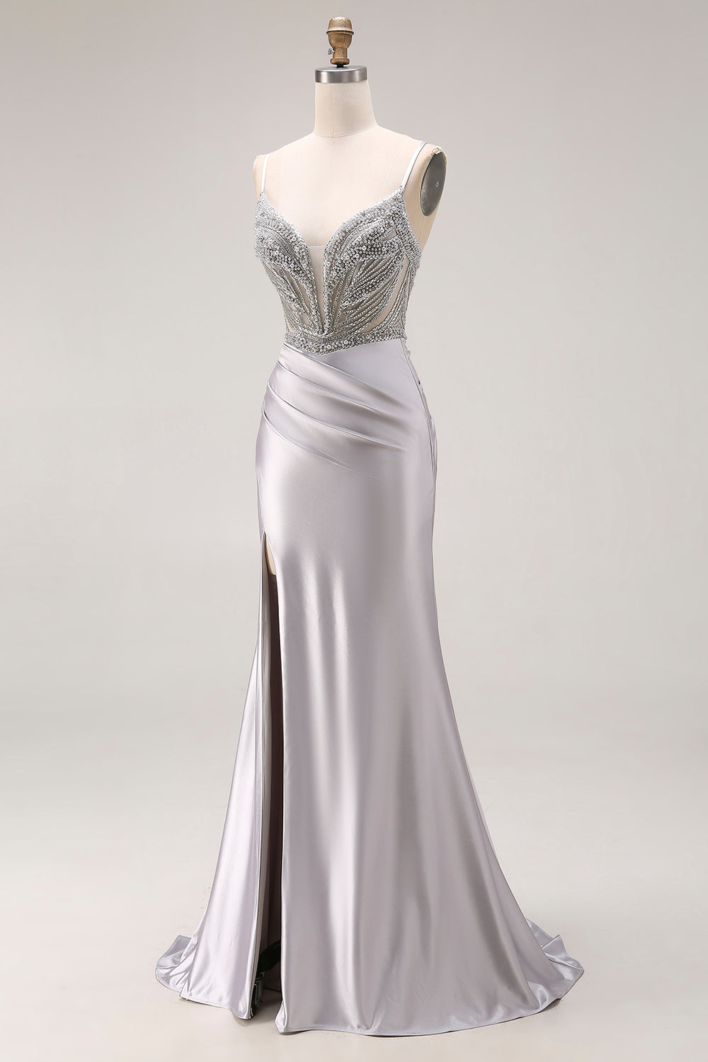 Sparkly Light Grey Beaded Spaghetti Straps Mermaid Long Prom Dress with Slit
