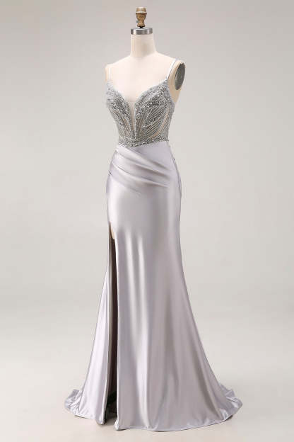 Sparkly Light Grey Beaded Spaghetti Straps Mermaid Long Prom Dress with Slit