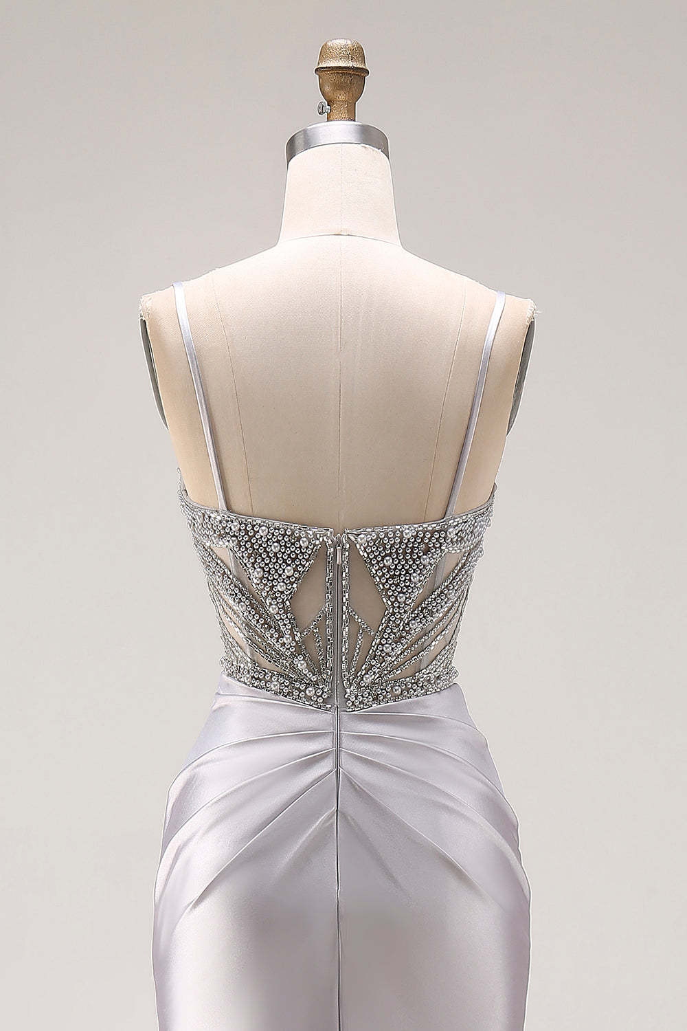 Sparkly Light Grey Beaded Spaghetti Straps Mermaid Long Prom Dress with Slit