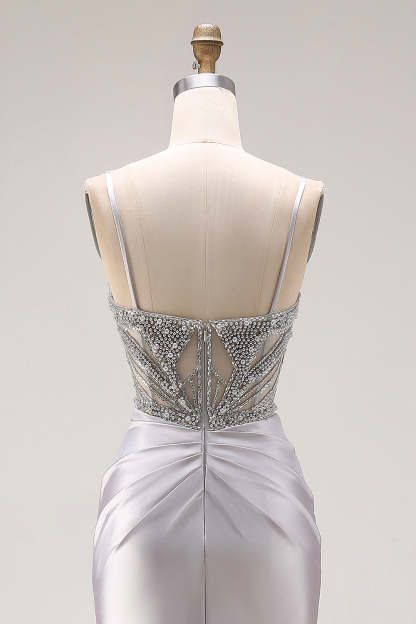 Sparkly Light Grey Beaded Spaghetti Straps Mermaid Long Prom Dress with Slit