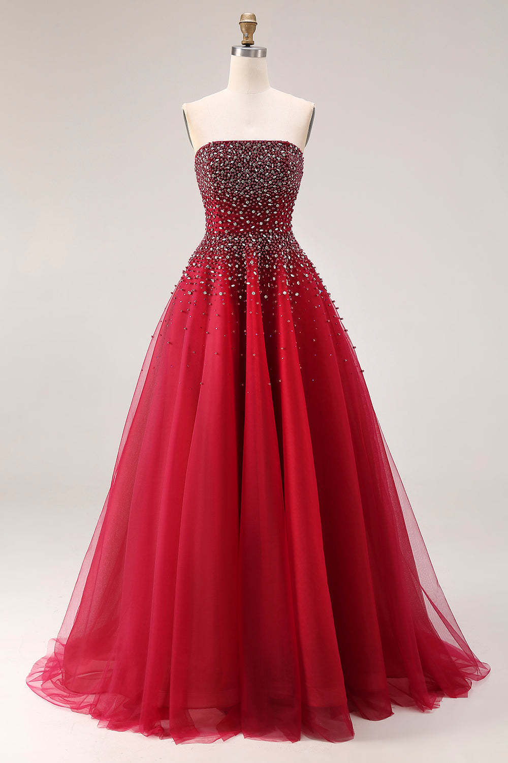 Leely Women Sparkly Red Beaded Tulle Long Prom Dress A-Line Strapless Gala Dress
