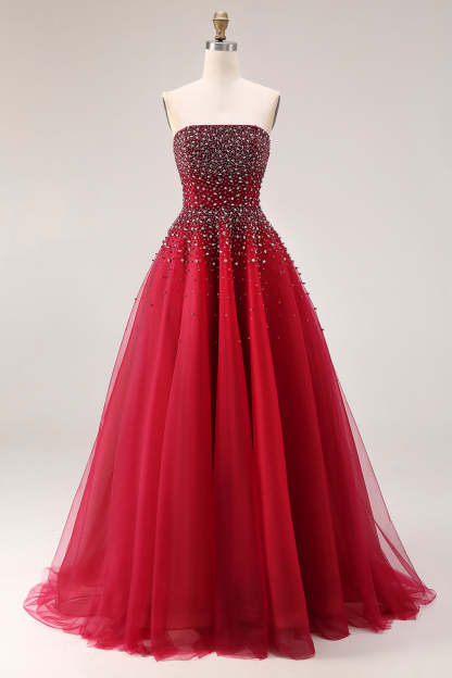 Leely Women Sparkly Red Beaded Tulle Long Prom Dress A-Line Strapless Gala Dress