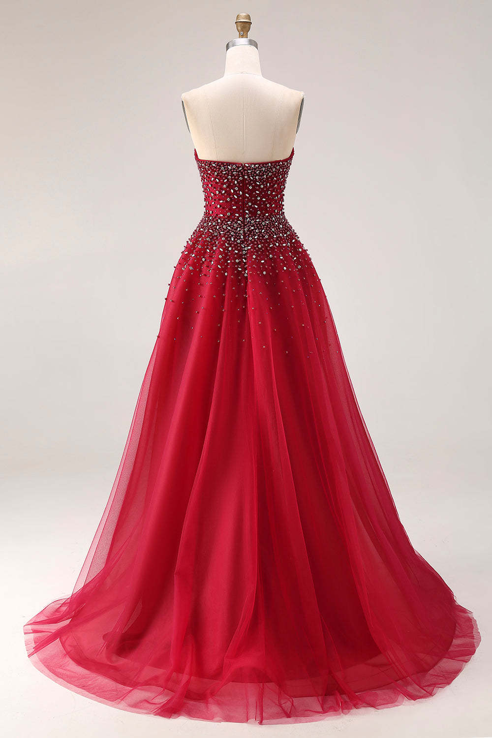 Sparkly Red Beaded Tulle A-Line Strapless Long Prom Dress