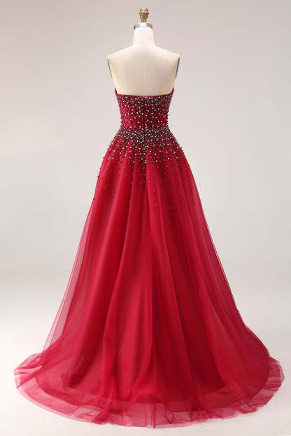 Sparkly Red Beaded Tulle A-Line Strapless Long Prom Dress