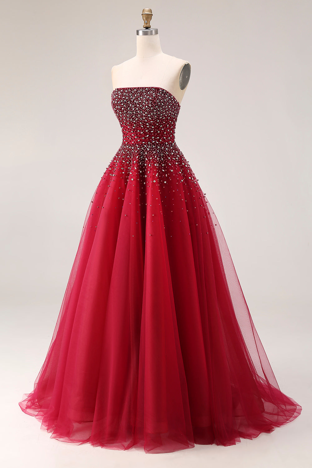 Sparkly Red Beaded Tulle A-Line Strapless Long Prom Dress