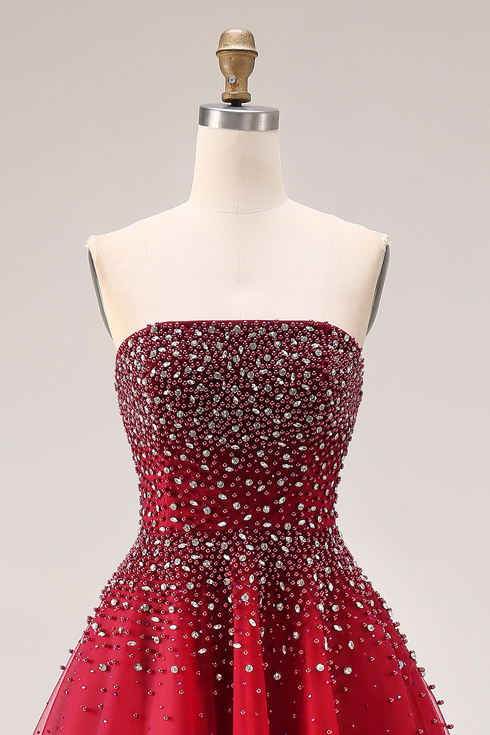 Sparkly Red Beaded Tulle A-Line Strapless Long Prom Dress