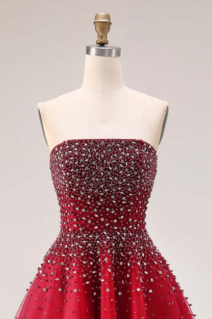 Sparkly Red Beaded Tulle A-Line Strapless Long Prom Dress