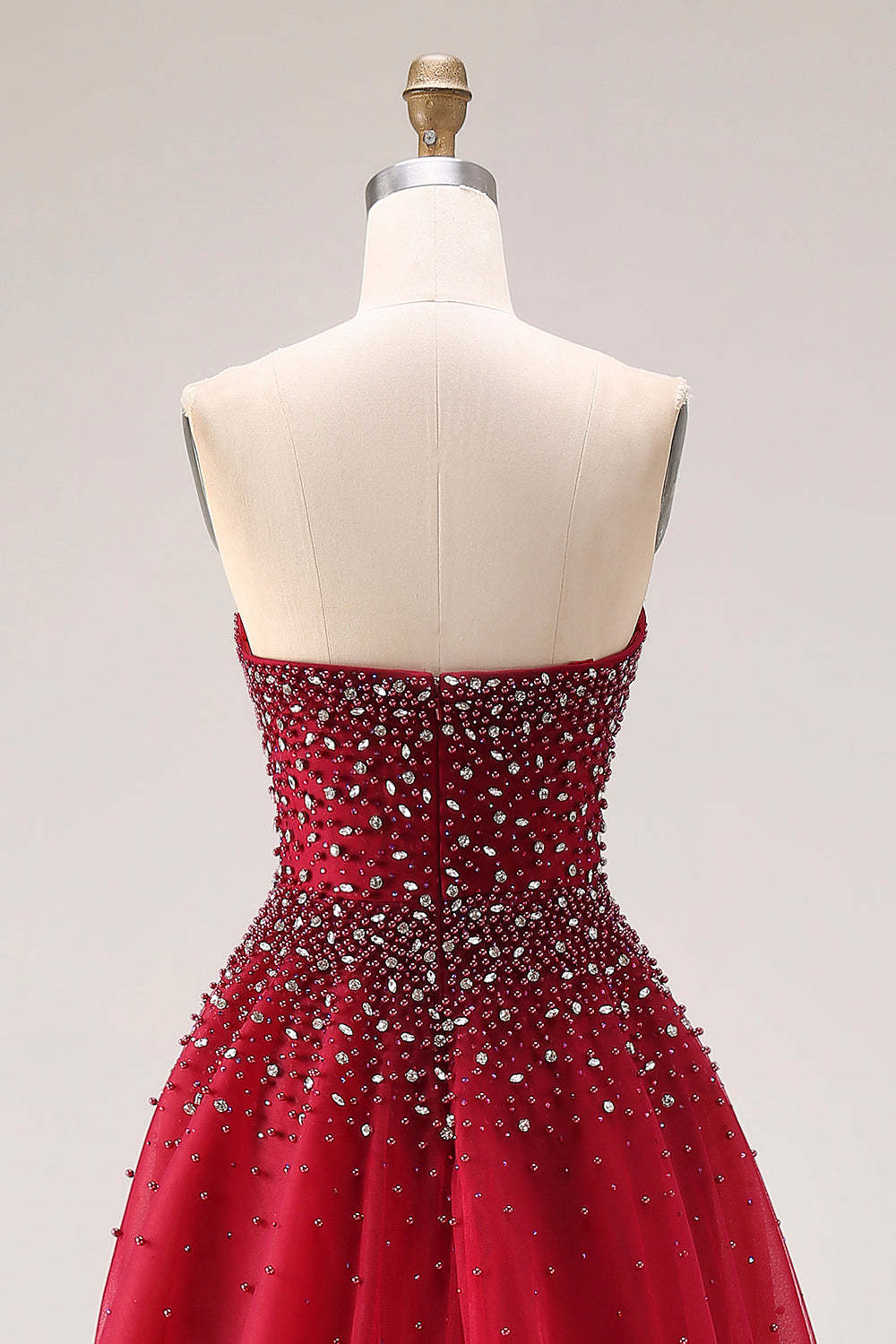 Sparkly Red Beaded Tulle A-Line Strapless Long Prom Dress