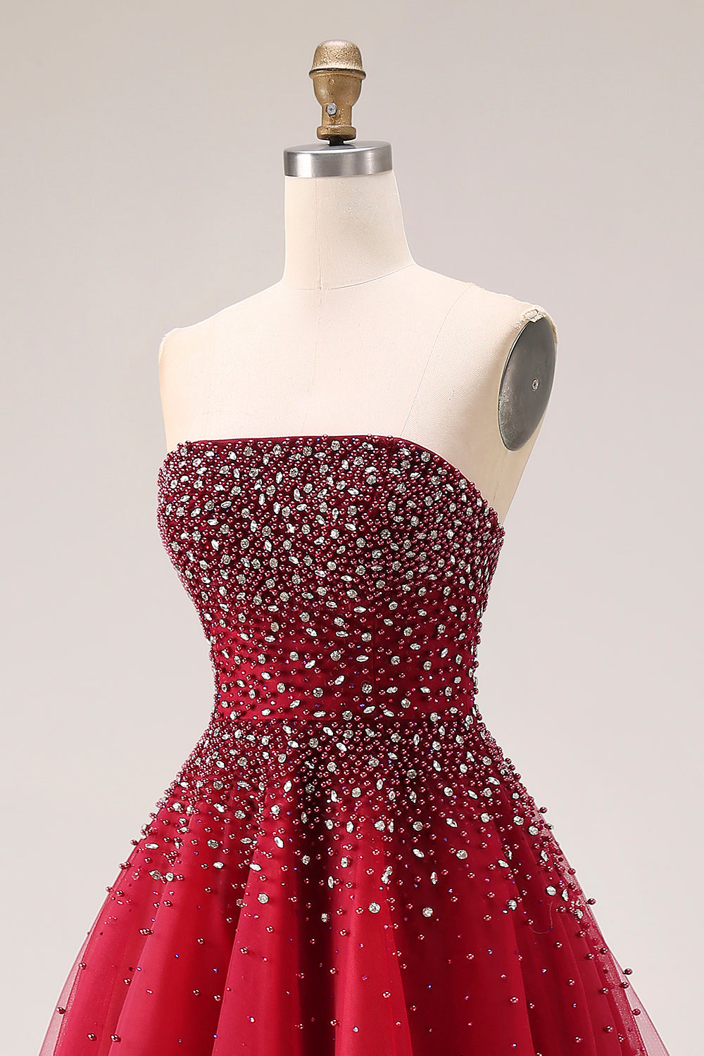 Sparkly Red Beaded Tulle A-Line Strapless Long Prom Dress