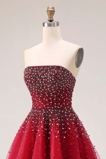 Sparkly Red Beaded Tulle A-Line Strapless Long Prom Dress