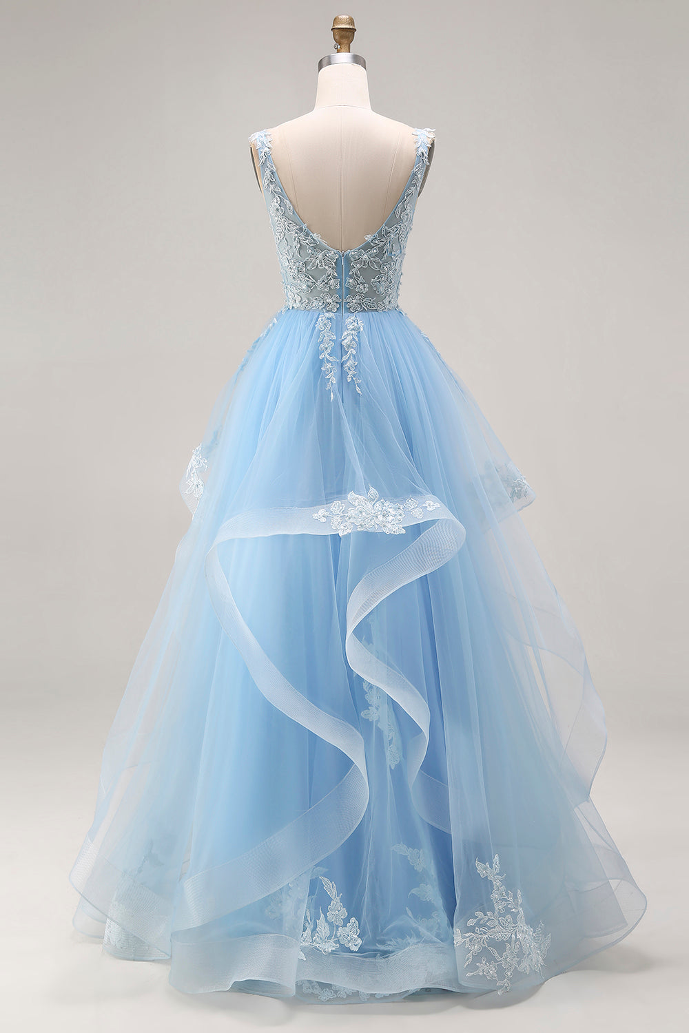 Sky Blue Tulle Floral A-Line V-Neck Corset Long Ruffled Prom Dress