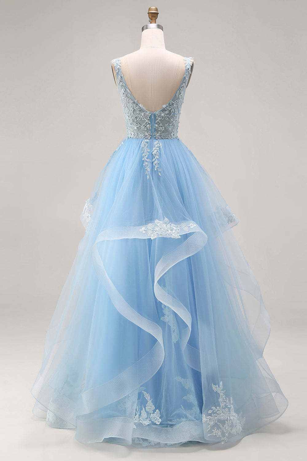Sky Blue Tulle Floral A-Line V-Neck Corset Long Ruffled Prom Dress