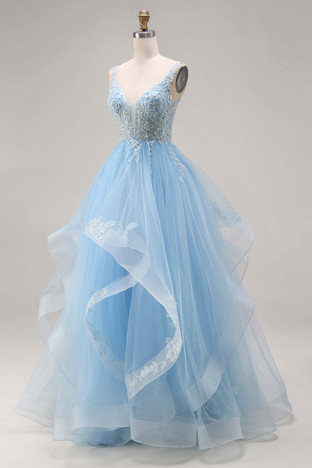 Sky Blue Tulle Floral A-Line V-Neck Corset Long Ruffled Prom Dress