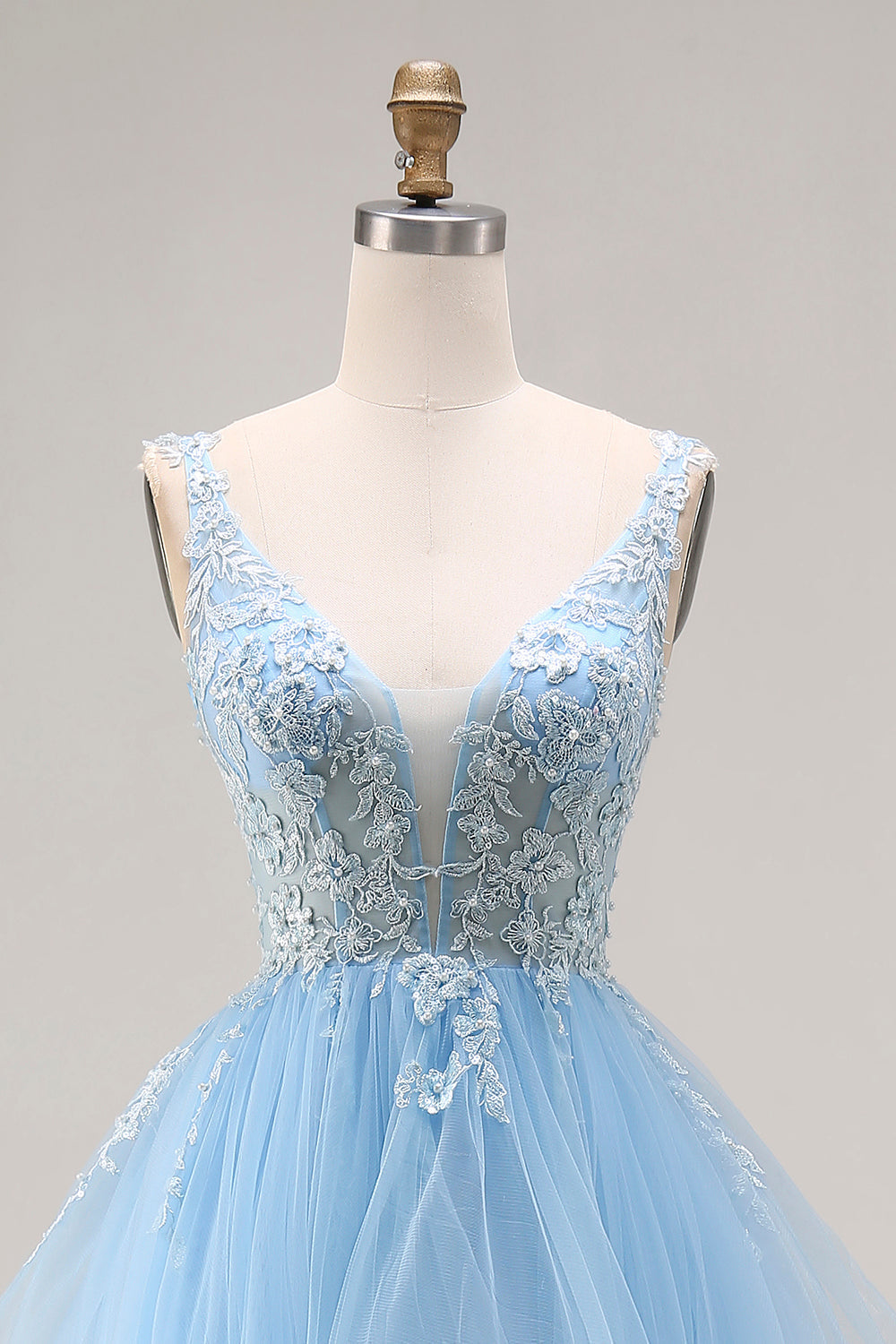 Sky Blue Tulle Floral A-Line V-Neck Corset Long Ruffled Prom Dress