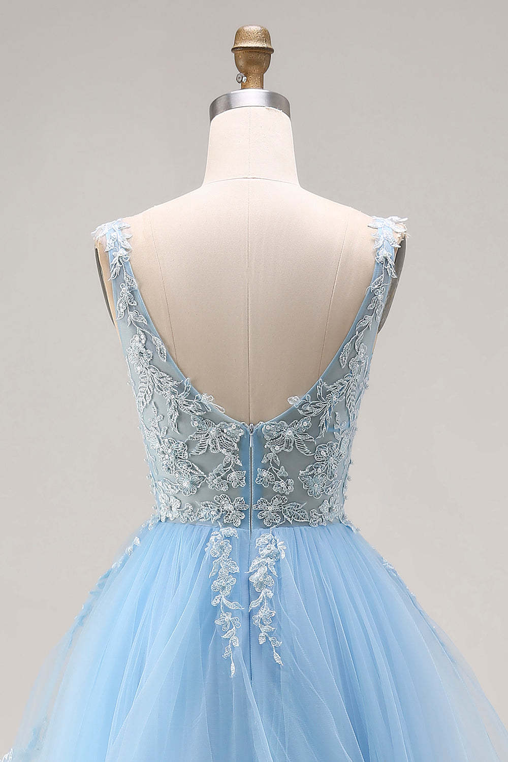 Sky Blue Tulle Floral A-Line V-Neck Corset Long Ruffled Prom Dress