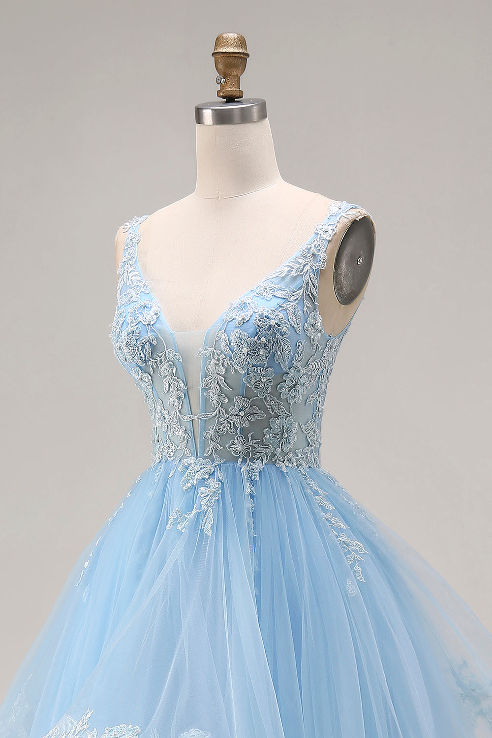 Sky Blue Tulle Floral A-Line V-Neck Corset Long Ruffled Prom Dress