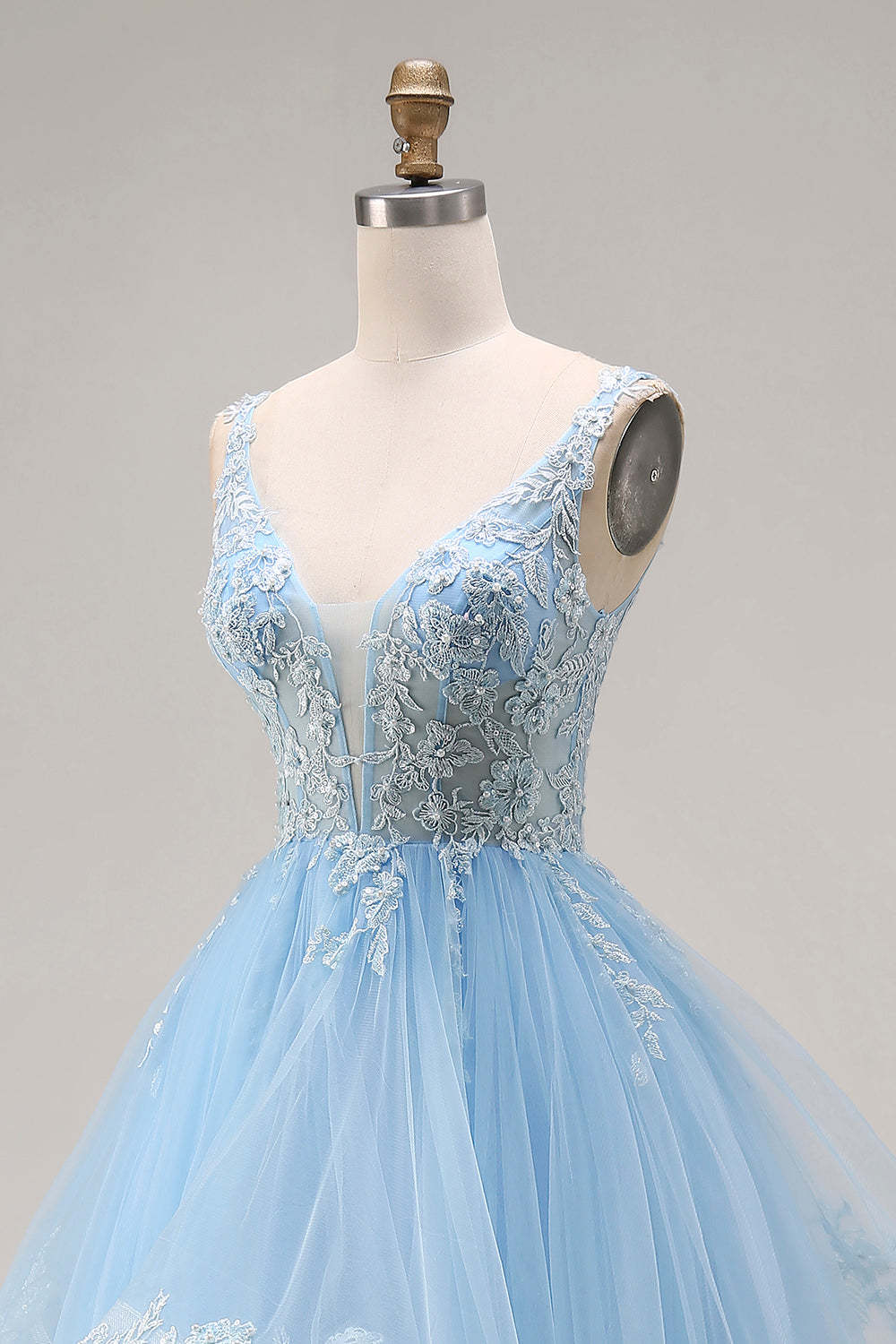 Sky Blue Tulle Floral A-Line V-Neck Corset Long Ruffled Prom Dress