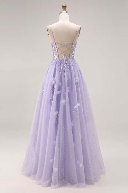 Sparkly Light Purple Sequin A Line Long Corset Prom Dress with Slit