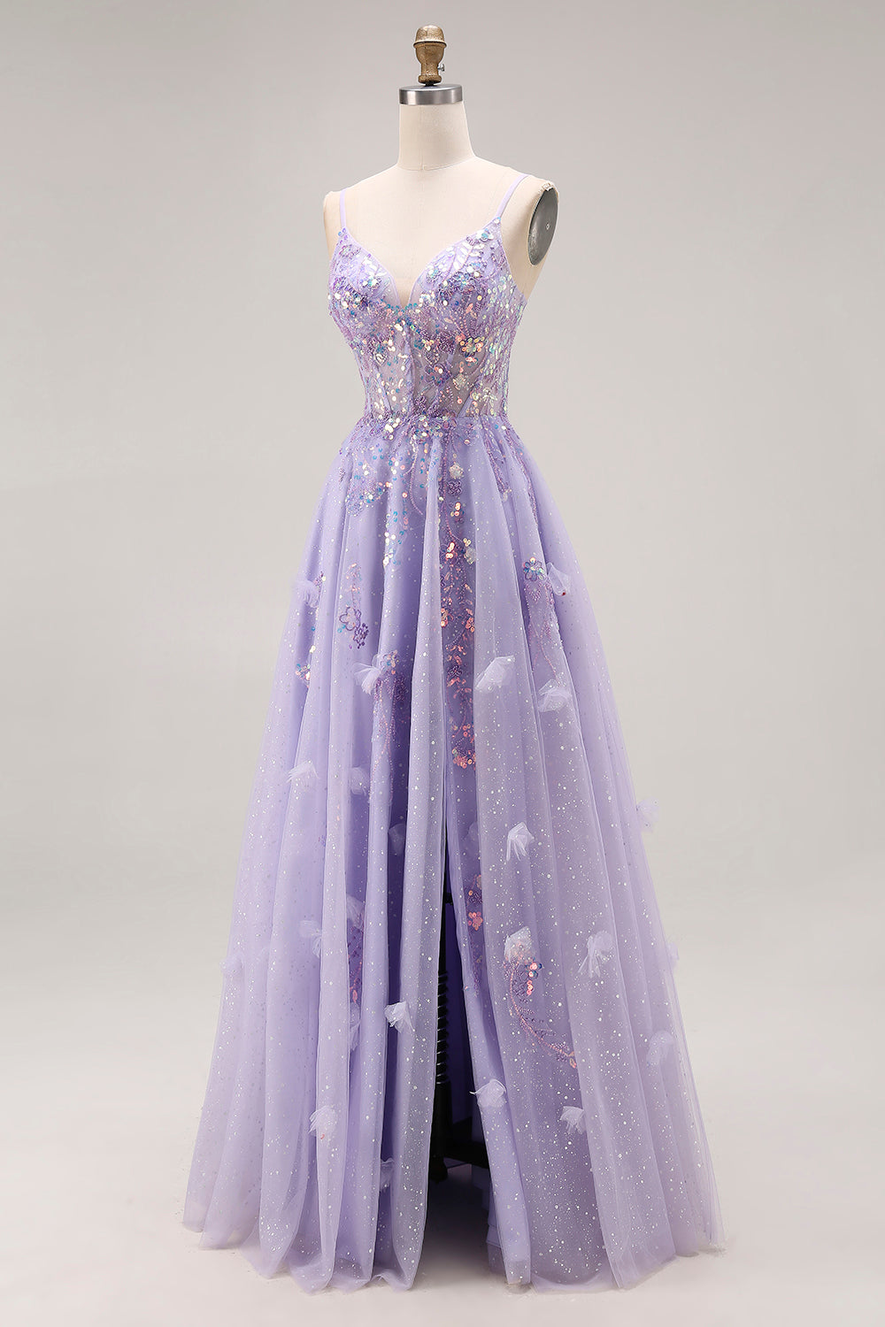 Sparkly Light Purple Sequin A Line Long Corset Prom Dress with Slit
