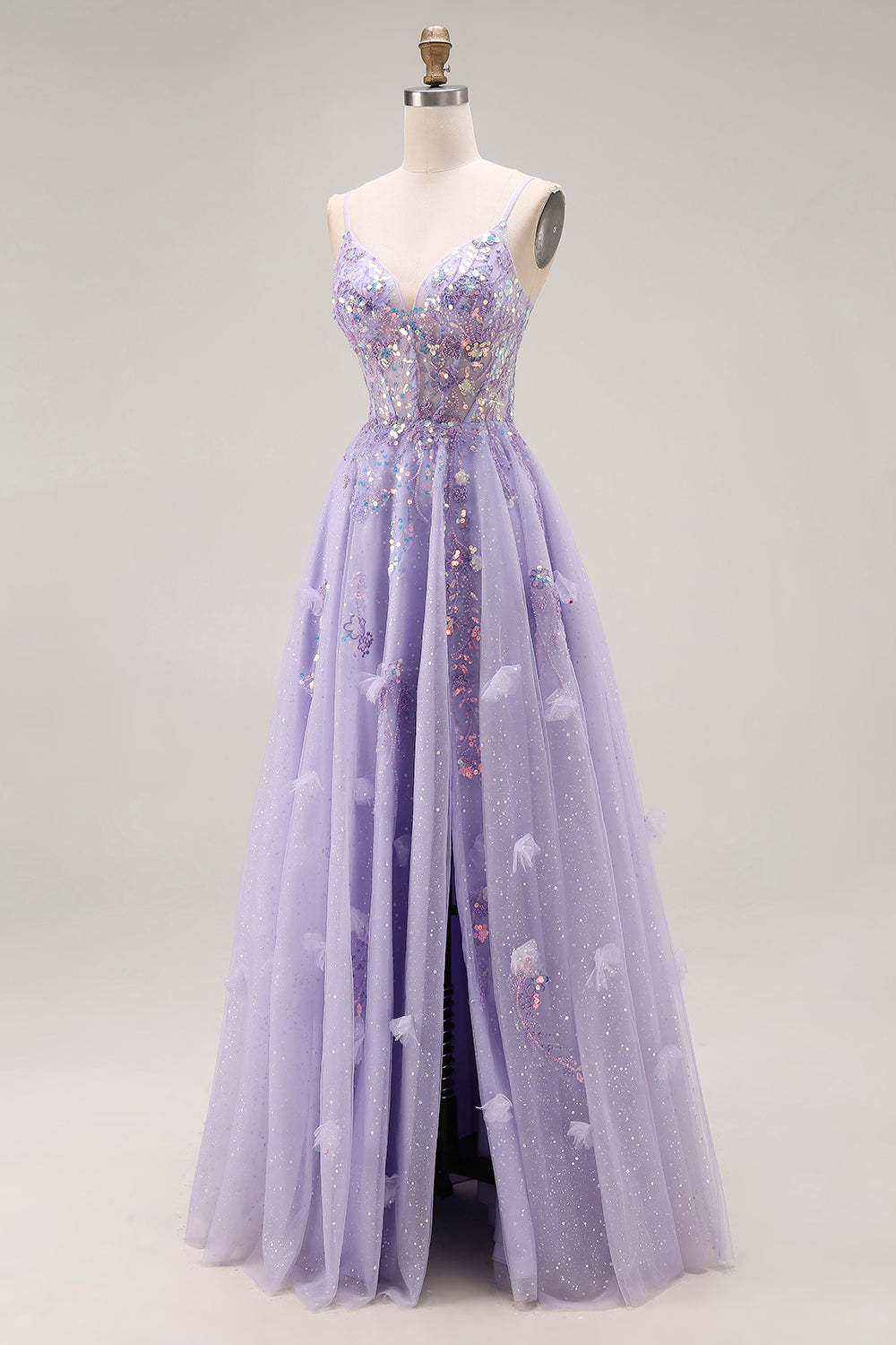 Sparkly Light Purple Sequin A Line Long Corset Prom Dress with Slit