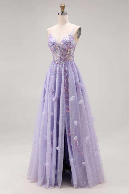 Sparkly Light Purple Sequin A Line Long Corset Prom Dress with Slit