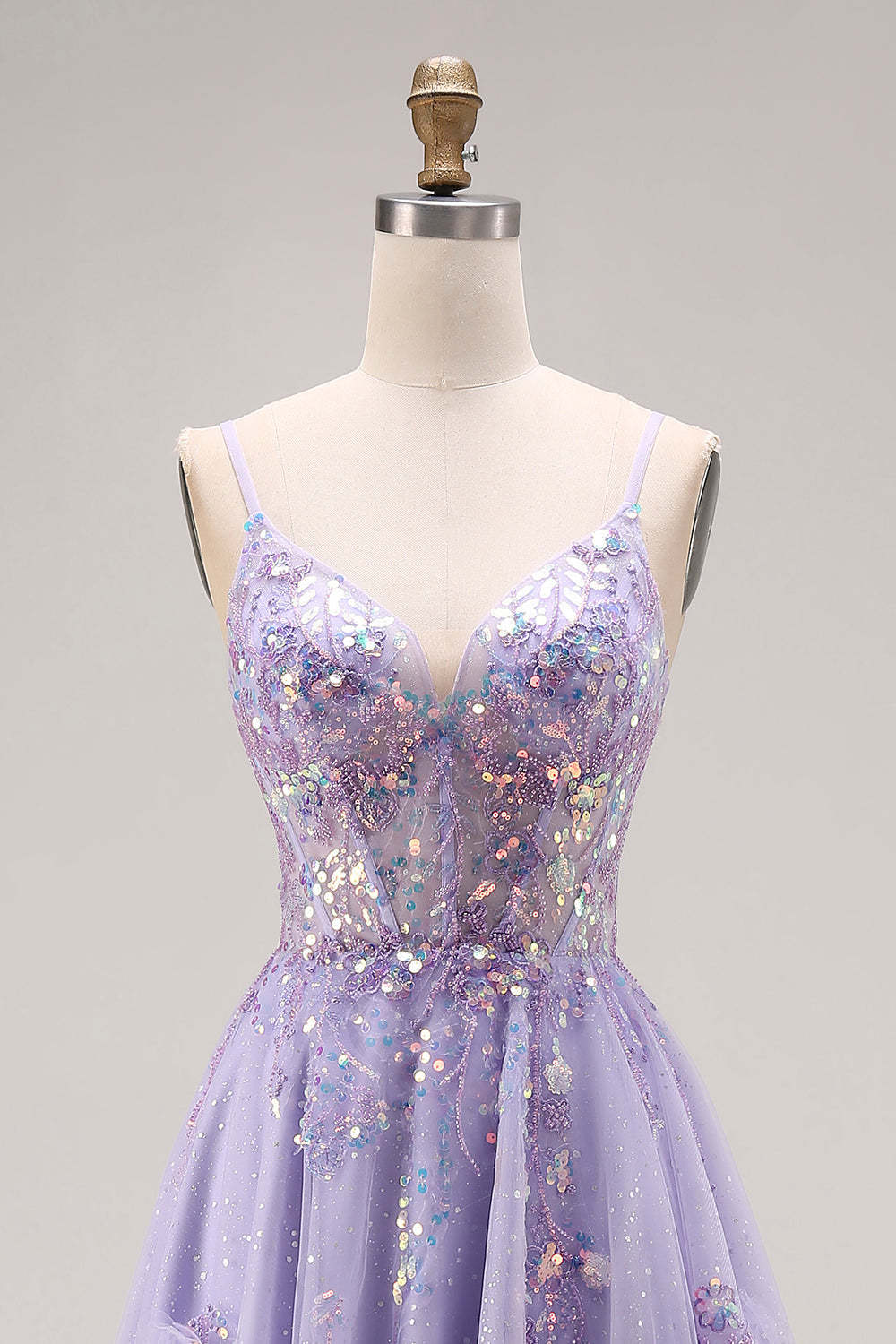 Sparkly Light Purple Sequin A Line Long Corset Prom Dress with Slit