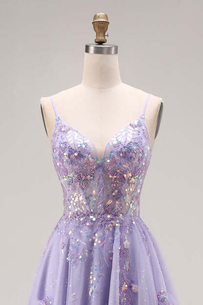 Sparkly Light Purple Sequin A Line Long Corset Prom Dress with Slit