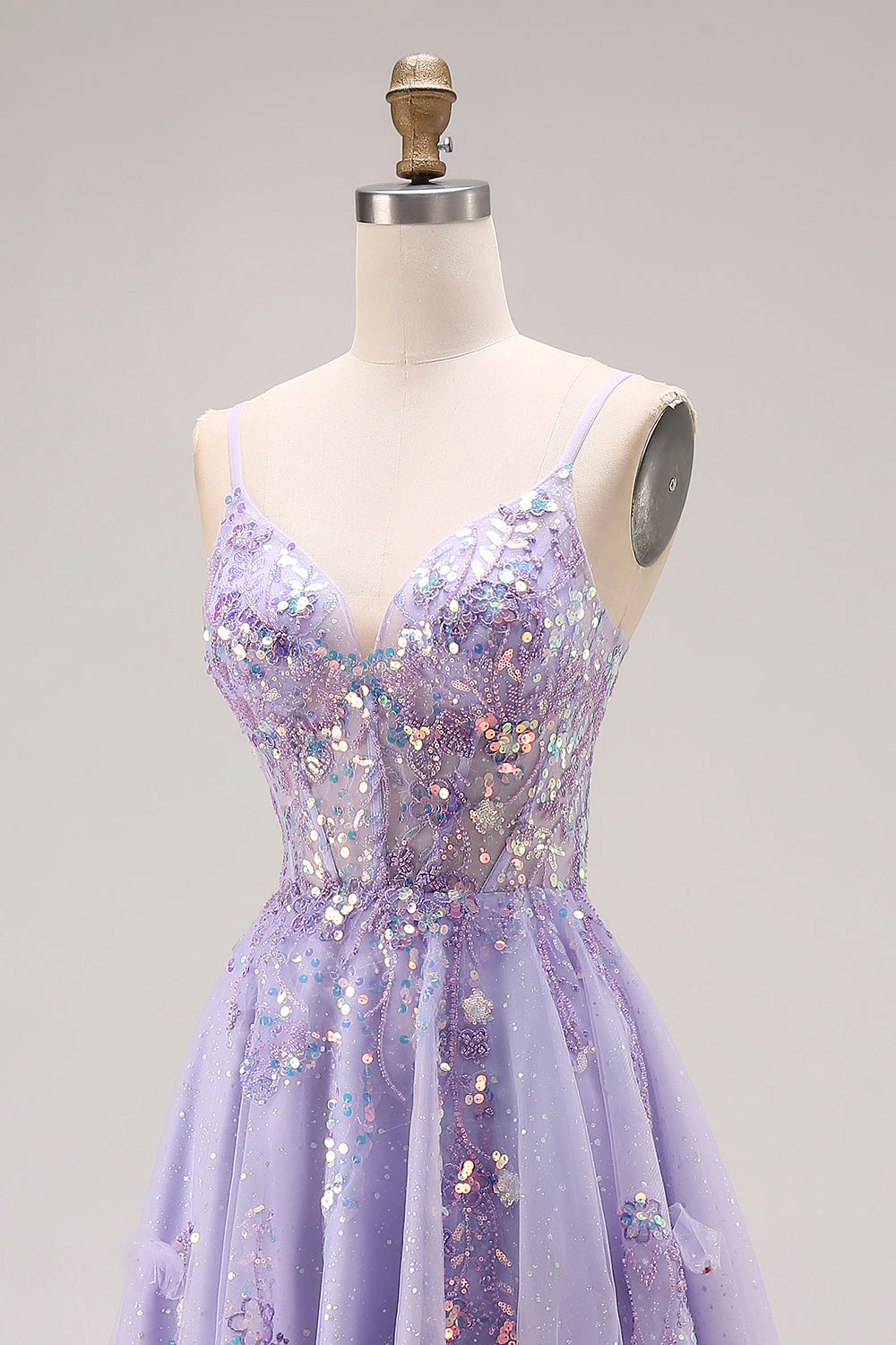 Sparkly Light Purple Sequin A Line Long Corset Prom Dress with Slit