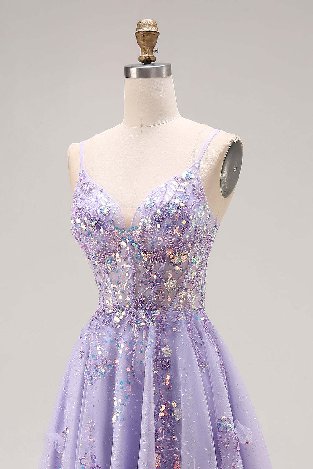 Sparkly Light Purple Sequin A Line Long Corset Prom Dress with Slit